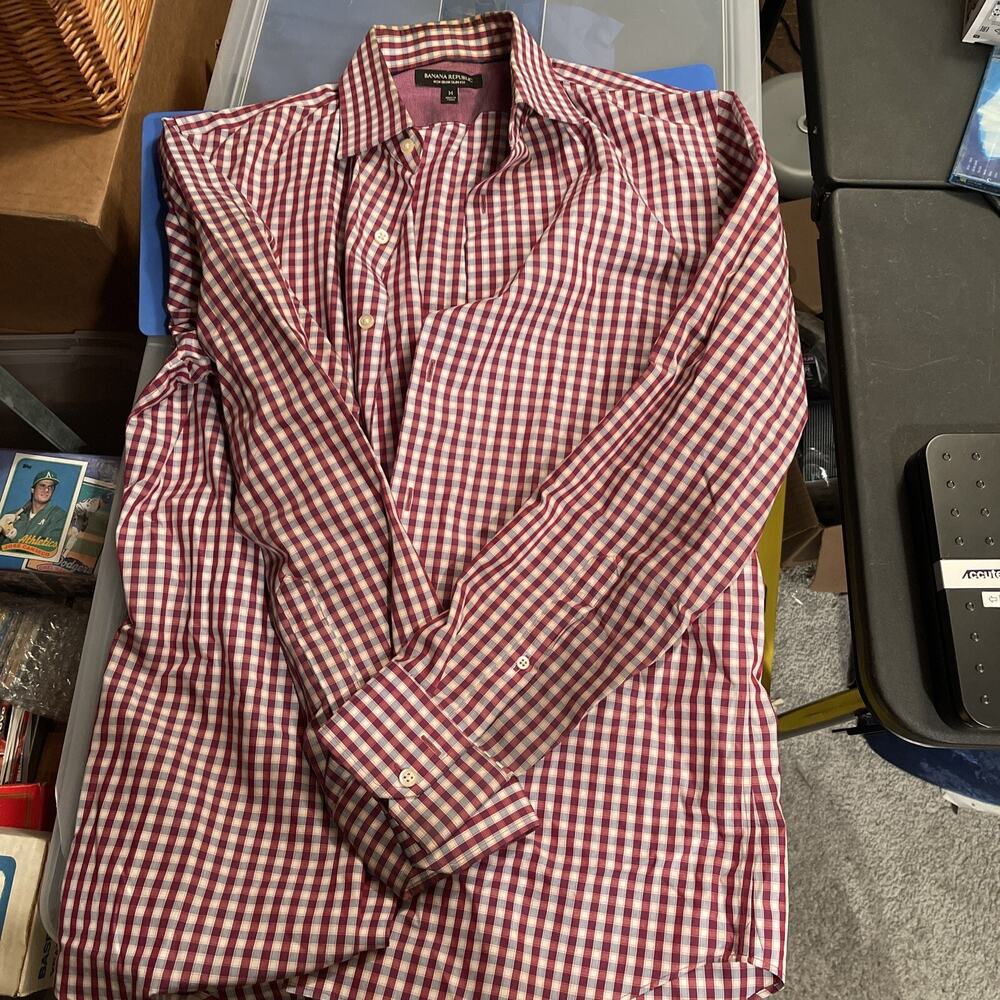 Banana Republic Mens Button Down shirt Plaid Check red white blue/gray long slve